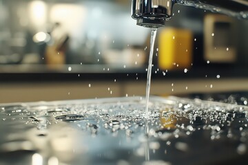 Glossy Kitchen Faucet with Water Droplets Detail