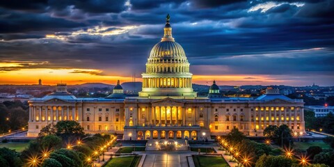 Fototapeta premium Low Light Capitol Building Washington DC AI Photo, Night Photography US Capitol, Dramatic Capitol Silhouette