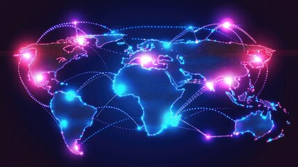 Futuristic Neon World Map with Digital Connection Lines and Nodes