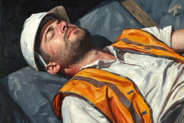 Tired Construction Worker Resting Under Sun with Safety Gear