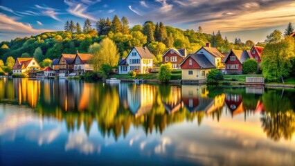 Fototapeta premium Serene lake houses bathed in sunlight, captured in tranquil long exposures.