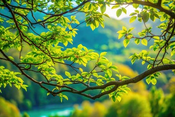 Fototapeta premium Lush Branches, Out-of-Focus Landscape, Nature Photography, Green Leaves, Springtime, Forest, Branches