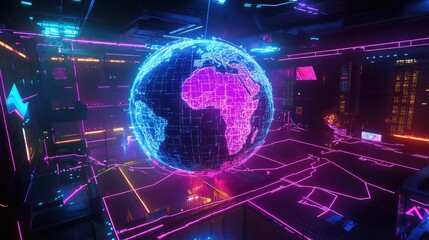 Obraz premium Futuristic Neon Globe Brightly Illuminated in Cybernetic Environment