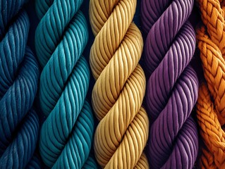 Vividly Colored Twisted Ropes Displayed in a Spectrum of Bright Hues, Perfect for Textile, Craft, and Artistic Design Inspiration