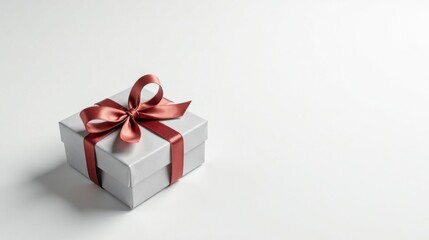Obraz premium A Simple Gray Gift Box with a Red Ribbon Bow on a White Background