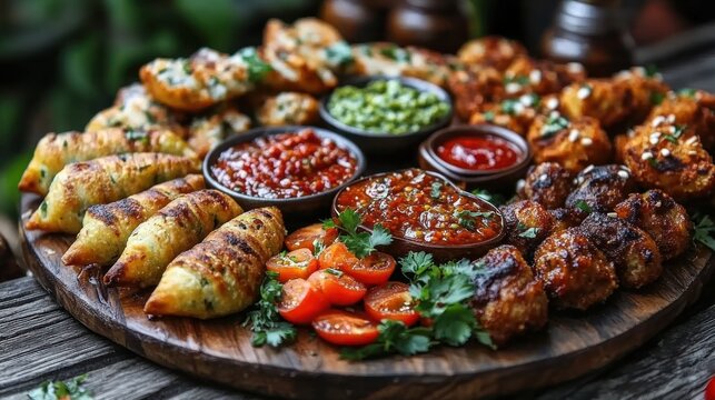 A delicious assortment of appetizers including grilled dumplings, crispy chicken bites, and various dipping sauces. Perfect for parties or sharing.