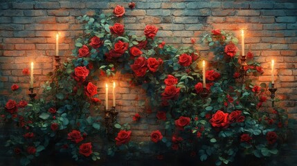 Roses and glowing candles in a cozy lovethemed party setup, whimsical, manipulation, brick wall background