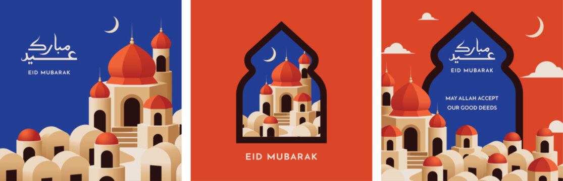 Eid mubarak square card with mosque illustration. Islamic themed vector design for eid al fitr or eid al adha.