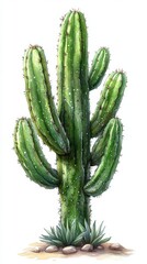 Tall green cactus with multiple arms and small plants at its base, isolated on white background.