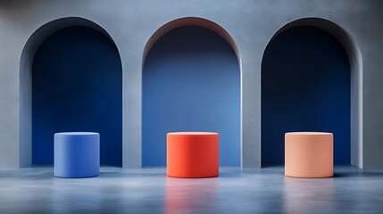 Three Cylinders Resting Within Arched Blue Niches