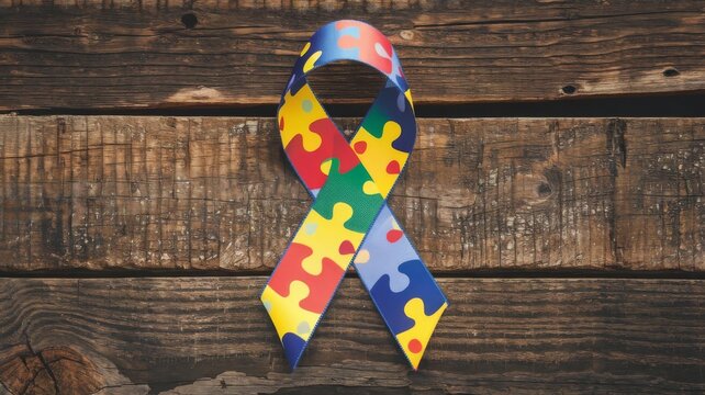 Autism Pride Day celebration with a colorful puzzle ribbon against a rustic wooden backdrop