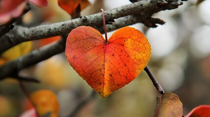 Heart Shaped Autumn Leaf on Tree Branch in Warm Tones