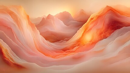 Dreamlike sunset over abstract, flowing mountains in warm, peachy hues.