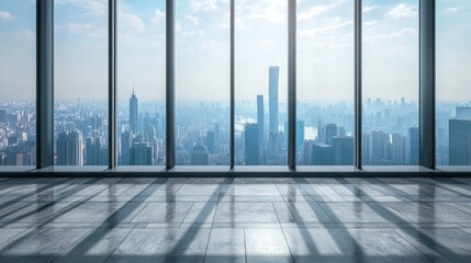 Fototapeta premium Empty floor panoramic view of the city from the roof
