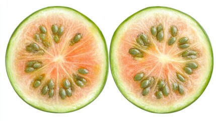 Two vibrant cucamelons sliced open revealing pale orange flesh and green seeds. Refreshing and slightly tangy they make a great addition to salads or snacks.