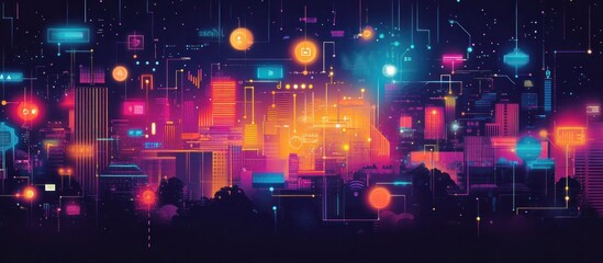 Futuristic city skyline with glowing lights and neon signs, connected by digital lines.