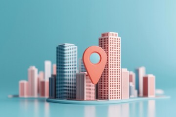 Smart city theme, dynamic architecture, augmented realitystyle location pin, 3D illustration