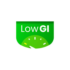 Flat illustration of Low GI with a low bodyweight scale arrow icon, Low Glycemic Index emblem. for health, nutrition, and diabetes related projects, promoting healthy eating control awareness