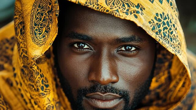 Intense Gaze:Portrait of a Black Man in Yellow Headscarf 