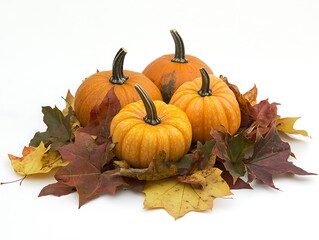 Festive Autumn Border with Pumpkins and Colorful Fall Leaves Arranged on a White Background for Seasonal Designs and Thanksgiving Themes