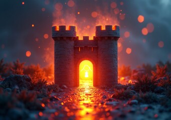 Bright glowing castle entrance against fiery background with dramatic lighting