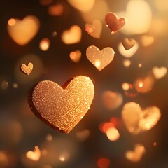 Fototapeta premium Golden Glittering Hearts Forming Romantic Bokeh Backdrop for Valentine s Day