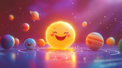 Naklejka premium Bright Cartoon Sun with Smiling Planets in Colorful Space Scene