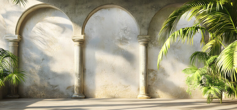 an old wall with arched columns and palm trees