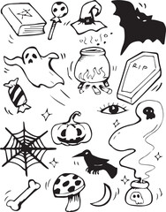 halloween doodle set. Ghosts, Ghosts, Spider Webs, Pumpkins, Gravestones, Candy, Broom, Skull, Witch isolated on white background