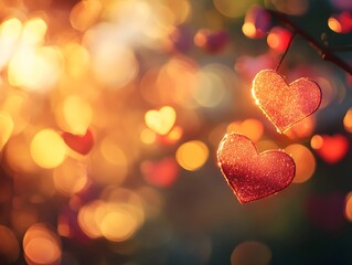 Sparkling Crimson Hearts in Bokeh Background for Valentine s Day
