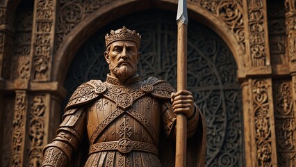 A majestic wooden carving of King Arthur, holding Excalibur aloft, standing on a base adorned with Celtic patterns.