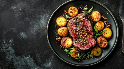 Prime Rib WIth Golden Roasted Potatoes. Copy Space