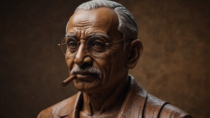 A serene wooden bust of Mahatma Gandhi, wearing round glasses and holding a walking stick, with a peaceful expression carved into the wood.