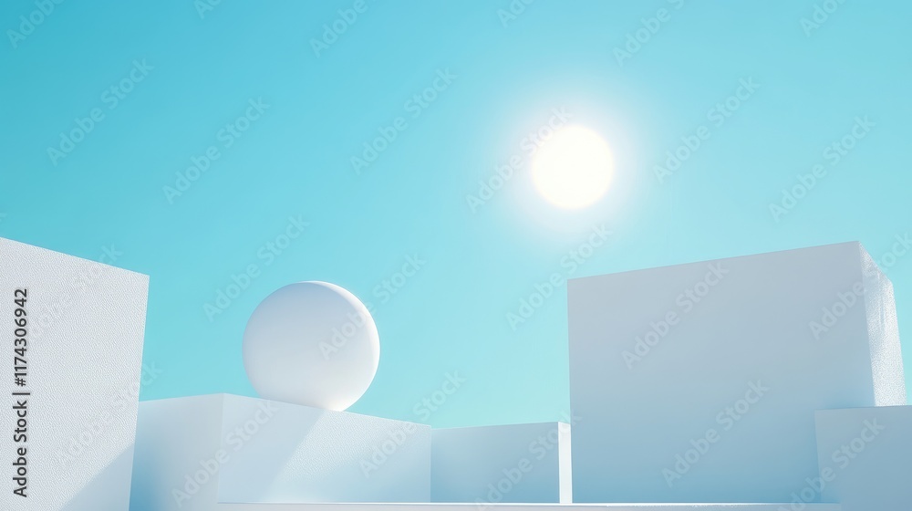 Poster a 3d render of minimalist white shapes set against a bright blue sky, with the sun in the background