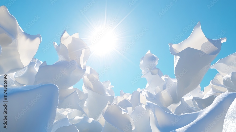 Poster a 3d render of white abstract shapes floating in the air with a bright blue sky and the sun shining,