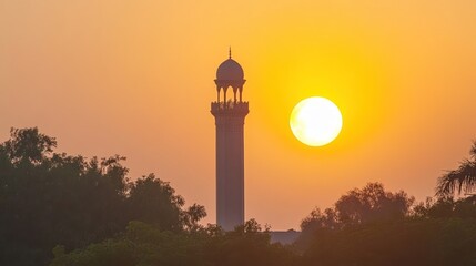 A majestic mosque silhouette against a vibrant sunset. Ideal for travel blogs, religious articles, or cultural presentations.