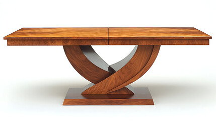 Modern wooden dining table with extendable top and unique base.