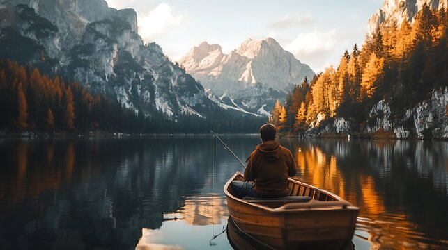 Man fishing alone in a wooden boat surrounded by autumnal mountains