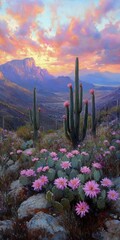 Sunset over desert landscape with blooming cacti and mountains.