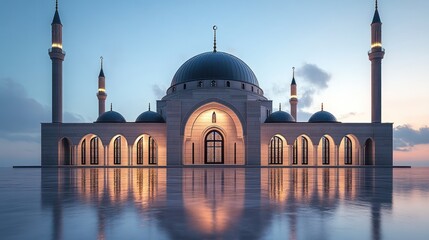 A majestic mosque at sunset reflected in calm water. Ideal for religious, architectural, or travel-themed projects.