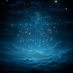 Starry night sky with falling stars over clouds.