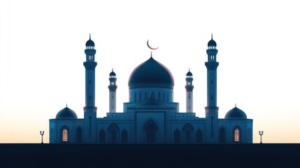 Silhouette of a mosque against a sunset backdrop. Ideal for Ramadan greetings, Islamic-themed designs, or cultural presentations.