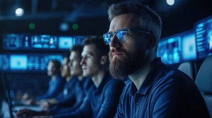 Focused Male Professional in Blue Shirt Analyzing Data on Multiple Monitors in High-Tech Control Room