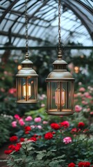Obraz premium Hanging lanterns illuminate a vibrant garden.