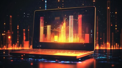 Laptop Displaying Dynamic Financial Charts and Graphs in a Futuristic Setting