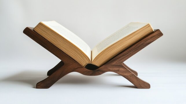A handcrafted walnut book stand displays an open book. Ideal for reading, studying, or displaying sacred texts.