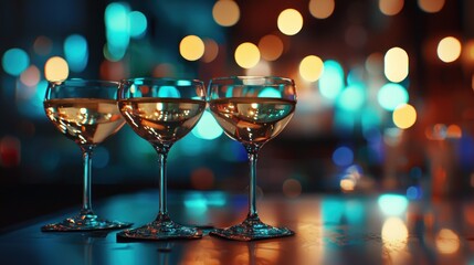 Three Glasses of Sparkling Wine at a Bar with a Bokeh Background