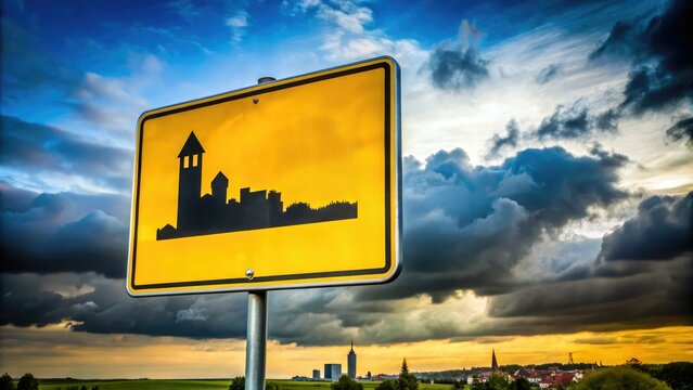 Minimalist City Entrance Sign Karben, Yellow Sign, Cloudy Sky