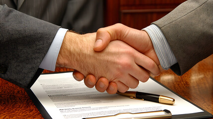 Two men shaking hands over a contract