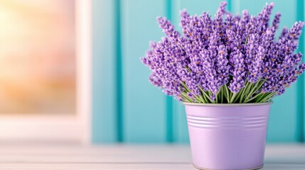 Lavender in pastel pot on wooden table against turquoise background